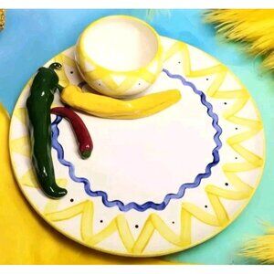 California 3D Art Pottery Chili Pepper Chip Dip Tray Mexican Fiesta Party Vtg